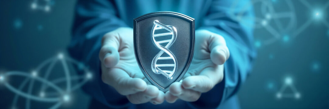 Genetic protection shield in futuristic mood held by gloved scientist representing DNA security on medical background - Powered by Adobe