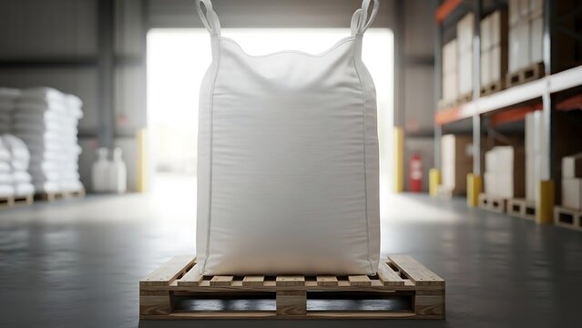Large white bulk bag on a wooden pallet in a brightly lit warehouse with shelves in the background.