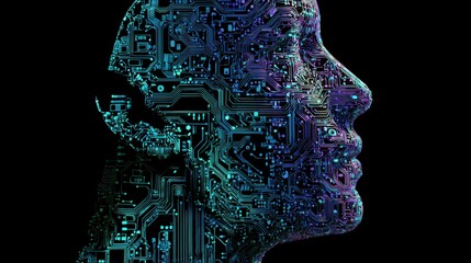 Profile of a human head rendered with intricate circuit board patterns, suggesting artificial intelligence