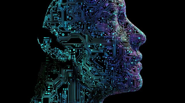 Profile of a human head rendered with intricate circuit board patterns, suggesting artificial intelligence - Powered by Adobe