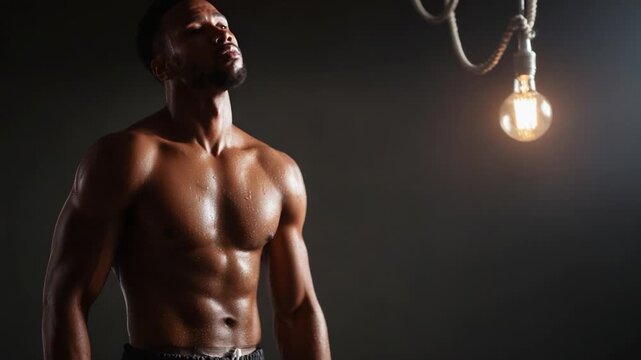 A Muscular Male Figure Displaying Determination and Strength Under Warm Lighting in a Dark Setting, Capturing a Moment of Focus and Intensity in a Fitness Journey.