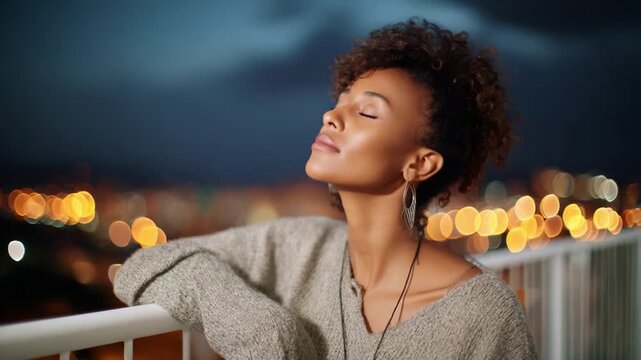 A tranquil young woman enjoys the evening breeze, embracing the calmness of the night while gazing serenely into the distance amidst a city skyline glow.
