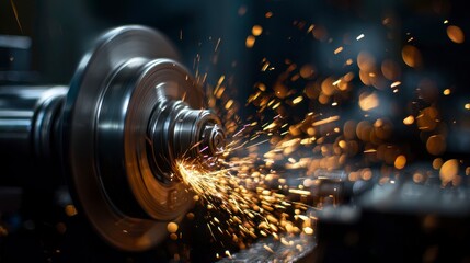 Close-up of a machine component during operation, sparks flying intensely. The dynamic image captures motion and the essence of metalworking
