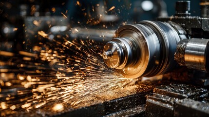 A close-up view of a metal lathe in action, with sparks flying as it cuts and shapes a piece. The focus is on the spinning metal