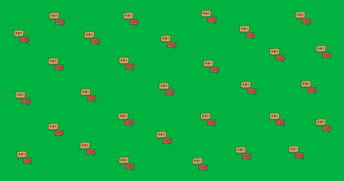 Geometry equipment and alphabets and numbers on speech bubble icons against black background