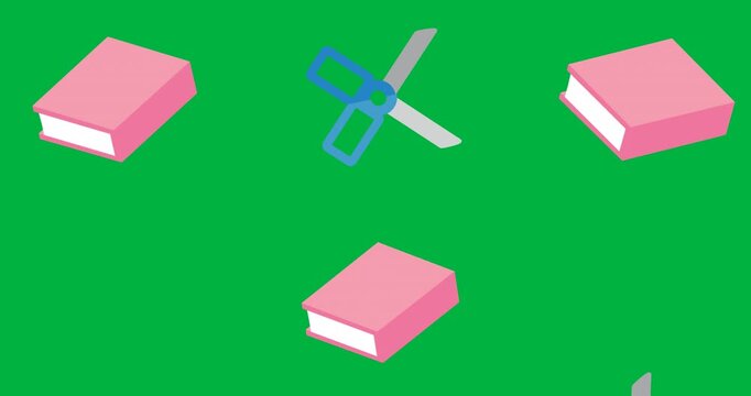 Digital animation of multiple pink book and scissors icons against black background