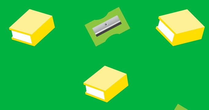 Digital animation of multiple yellow book and sharpener icons against black background