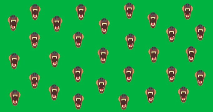 Digitally animation of multiple bear and tiger jaw icons against black background