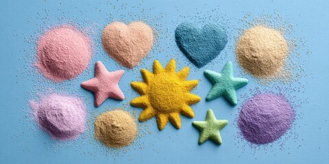 National Trivia Day Colorful shapes made from fine colored sand scattered on a bright blue surface Brain Teaser Day