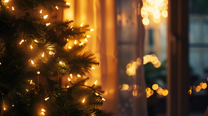 Beautifully lit Christmas tree with warm glowing lights for festive holiday atmosphere with copy space