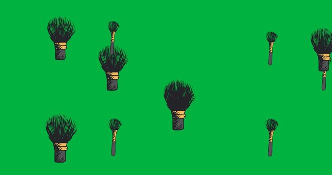 Digital animation of multiple makeup brush icons floating against black background