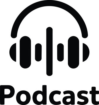 A simple black and white icon featuring headphones and sound bars representing a podcast broadcast