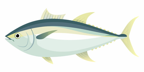 A detailed illustration of a bluefin tuna swimming in a light blue environment