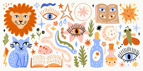 A whimsical collection of mystical creatures objects and celestial elements