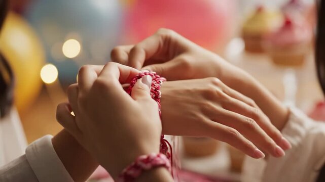 Friends making friendship bracelets at a party