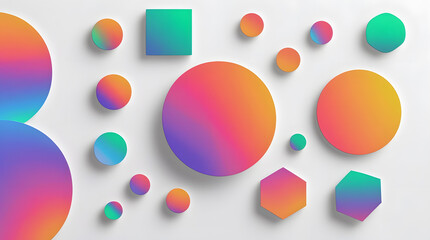Set of modern minimalistic posters featuring vibrant gradient geometric shapes including circle square and hexagon with smooth color transitions on clean white background ideal for branding and design