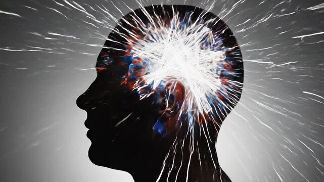 Silhouette of head with exploding fireworks mimicking brain activity