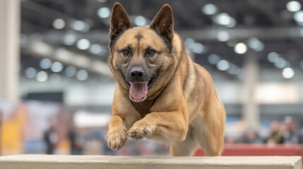 K9 Dog Mid-Air Jumping Over Obstacle During Training Session at Canine Competition Showing Agility and Skill in Action