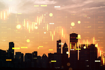 City skyline silhouette with financial chart overlay showing downward trend in global real estate and property market at sunset.
