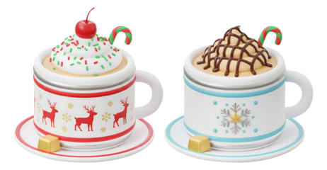3D cartoon Christmas hot chocolate mug set whipped cream isolated on transparent background, PNG file