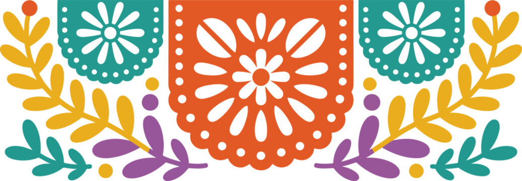 This colorful Papel Picado banner features traditional Mexican folk art floral patterns and festive decorations
