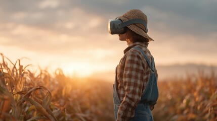 Young farmer explores innovative technology in virtual reality while working in a vibrant agricultural field during a beautiful sunset