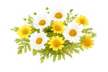 Yellow daisy-like flowers and green foliage creating a vibrant spring blossom arrangement, transparent background