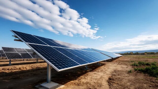 Solar Panels Capturing Sunlight in a Green Energy Field Under a Cloudy Blue Sky with Clear Horizons and a Focus on Sustainability and Innovation in Renewable Energy