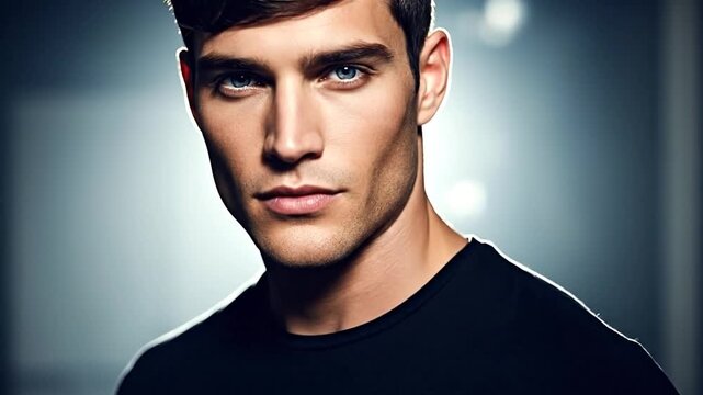 Intense gaze: A handsome man with striking features captivates the viewer, exuding confidence. The image captures his charisma and allure