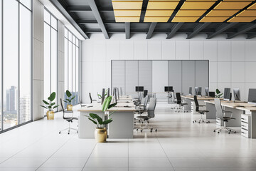 Modern open-space office interior with city view, minimalist furniture, high ceiling, and natural lighting concept for corporate workspace. 3D Rendering