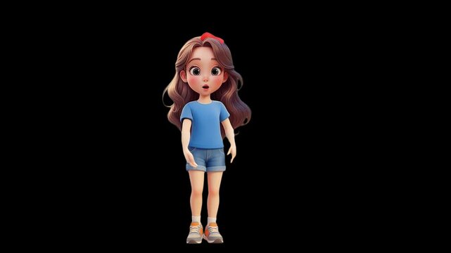 cartoon 3D girl performing energetic pop dance on transparent alpha channel
