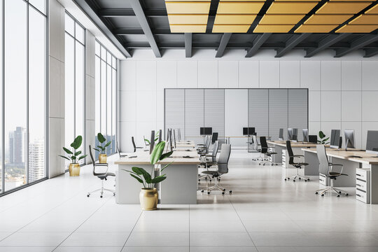 Modern open-space office interior with city view, minimalist furniture, high ceiling, and natural lighting concept for corporate workspace. 3D Rendering - Powered by Adobe