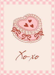 Vintage heart shaped cake in elegance coquette aesthetics with ribbon bows and hearts. Greeting card is perfect for wedding, party, birthday, Valentine's Day, event.