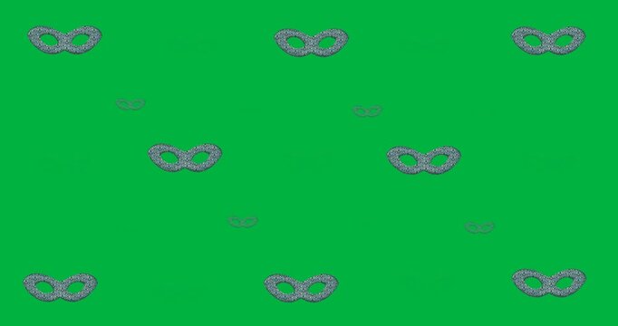 Digital animation of multiple masquerade mask icons in seamless pattern against black background