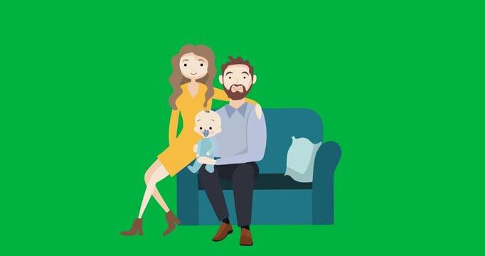 Digital animation of family sitting on the couch icon against black background