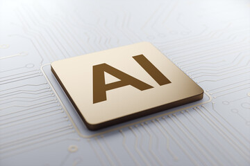 Golden AI chip symbol on futuristic circuit board background representing artificial intelligence and digital technology concept in modern design. 3D Rendering
