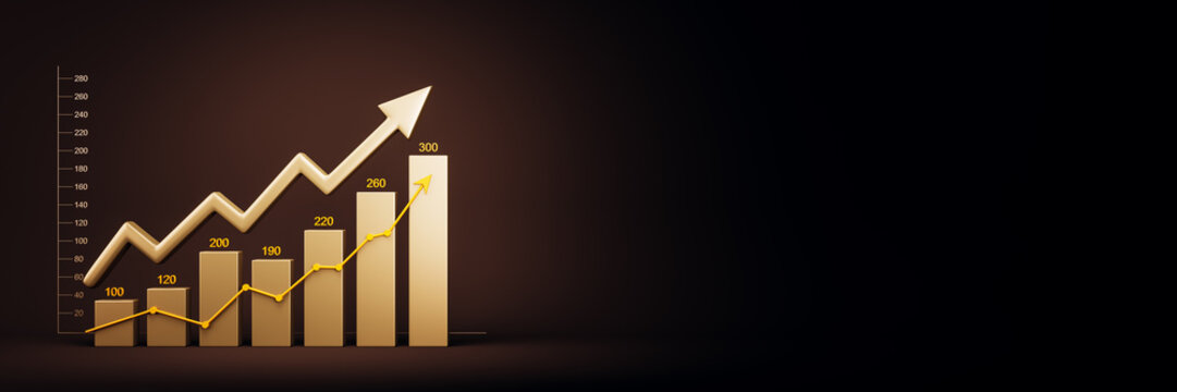 Golden bar chart with upward arrow and growth indicators on dark background, representing investment success and financial market analysis. 3D Rendering