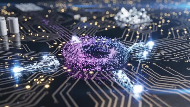 Circuit board with glowing blue particles