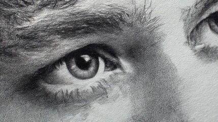 Close-up of a detailed, realistic drawing. Focus on one eye, rendered in grayscale with careful shading, highlighting textures