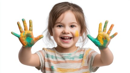Joyful Child with Paint-Covered Hands and Face Capturing Delight and Creativity in a Colorful Artistic Moment