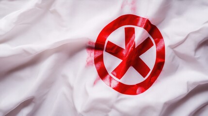 A stark white fabric displays a prominent red biohazard symbol indicating danger and risk