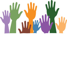 Obraz premium Colourful raised hands reaching upward symbolising unity and diversity on white background