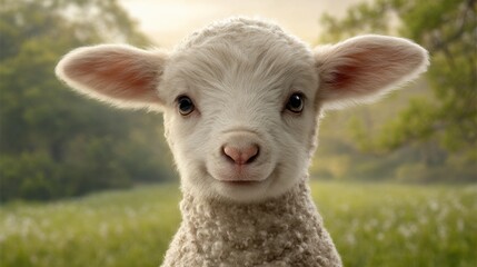 Obraz premium Serene Pastoral Setting with Cute Lamb in a Peaceful Landscape, Capturing the Essence of Nature and Tranquility in a Visual Metaphor