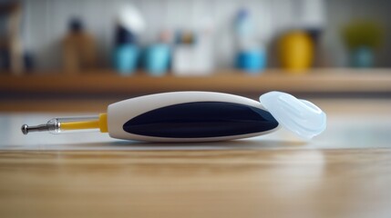 A sterile single ear thermometer with a protective probe resting on a wooden surface with a blurred kitchen background