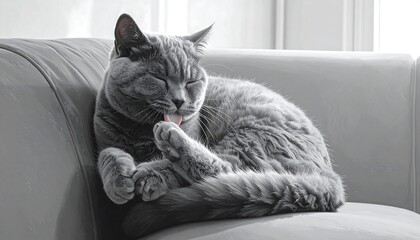 Gray Cat Grooming on Sofa in Black and White.