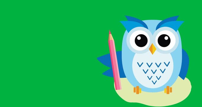 Digital animation of owl holding a pencil icon against black background