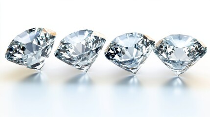 A stunning collection of perfectly symmetrical brilliant cut diamonds lined up in a row showcasing their radiant sparkle and clarity on a clean white background