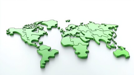 A stylized digital rendering of a green world map constructed from puzzle pieces floating on a white background