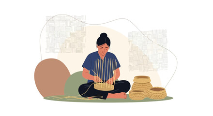 Artisan woman weaving basket, traditional craft, handmade home decor, cultural skill illustration