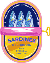 Trendy Canned sardines .Colorful  retro hand drawn Illustration